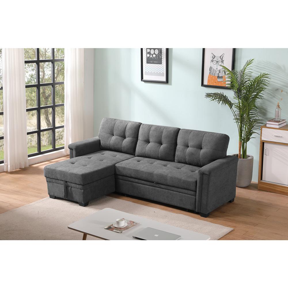 Kinsley Gray Woven Fabric Sleeper Sectional Sofa Chaise with USB Charger and Tablet Pocket. Picture 3