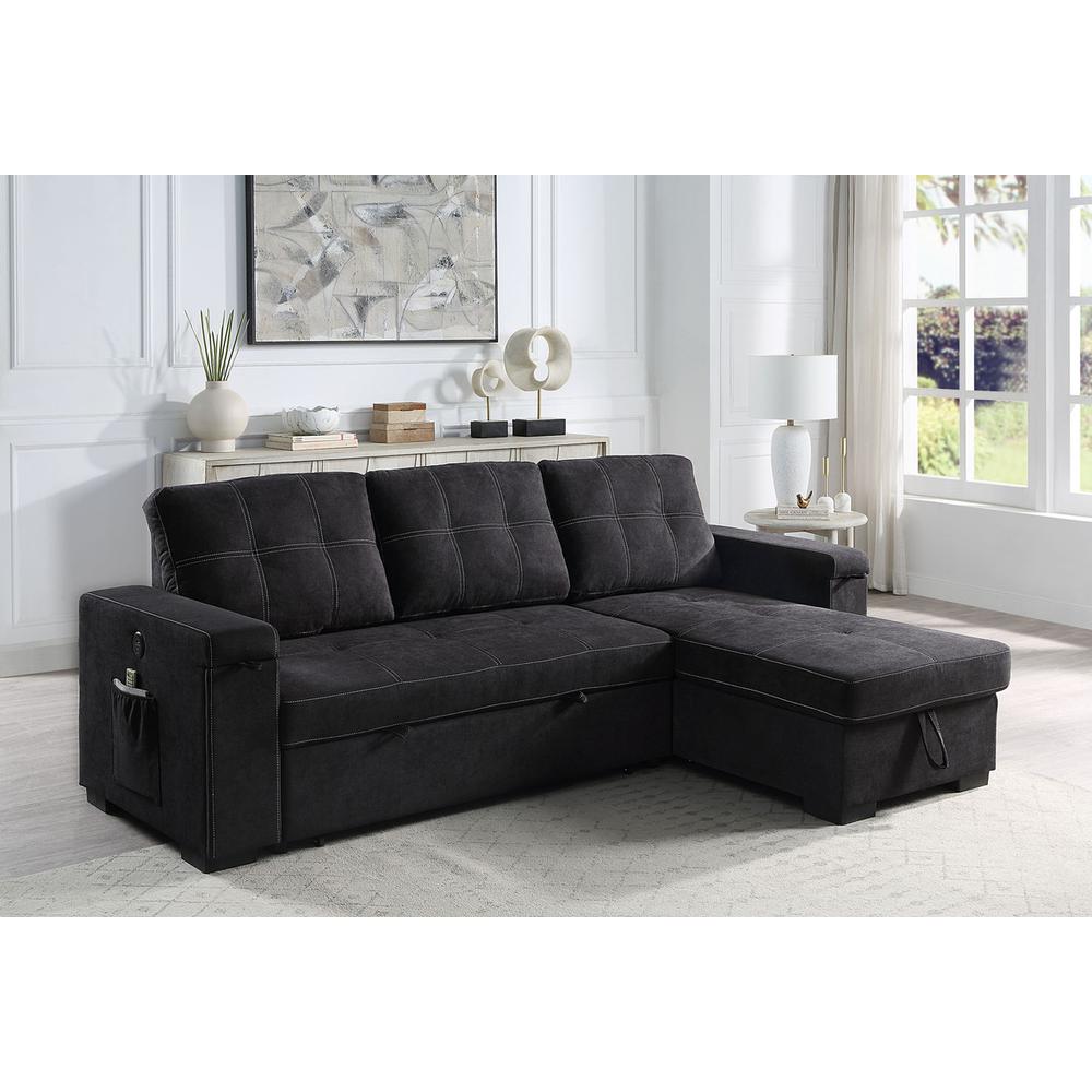 Woven Fabric Reversible Sleeper Sectional Sofa with Storage Chaise Cup Holder. Picture 4