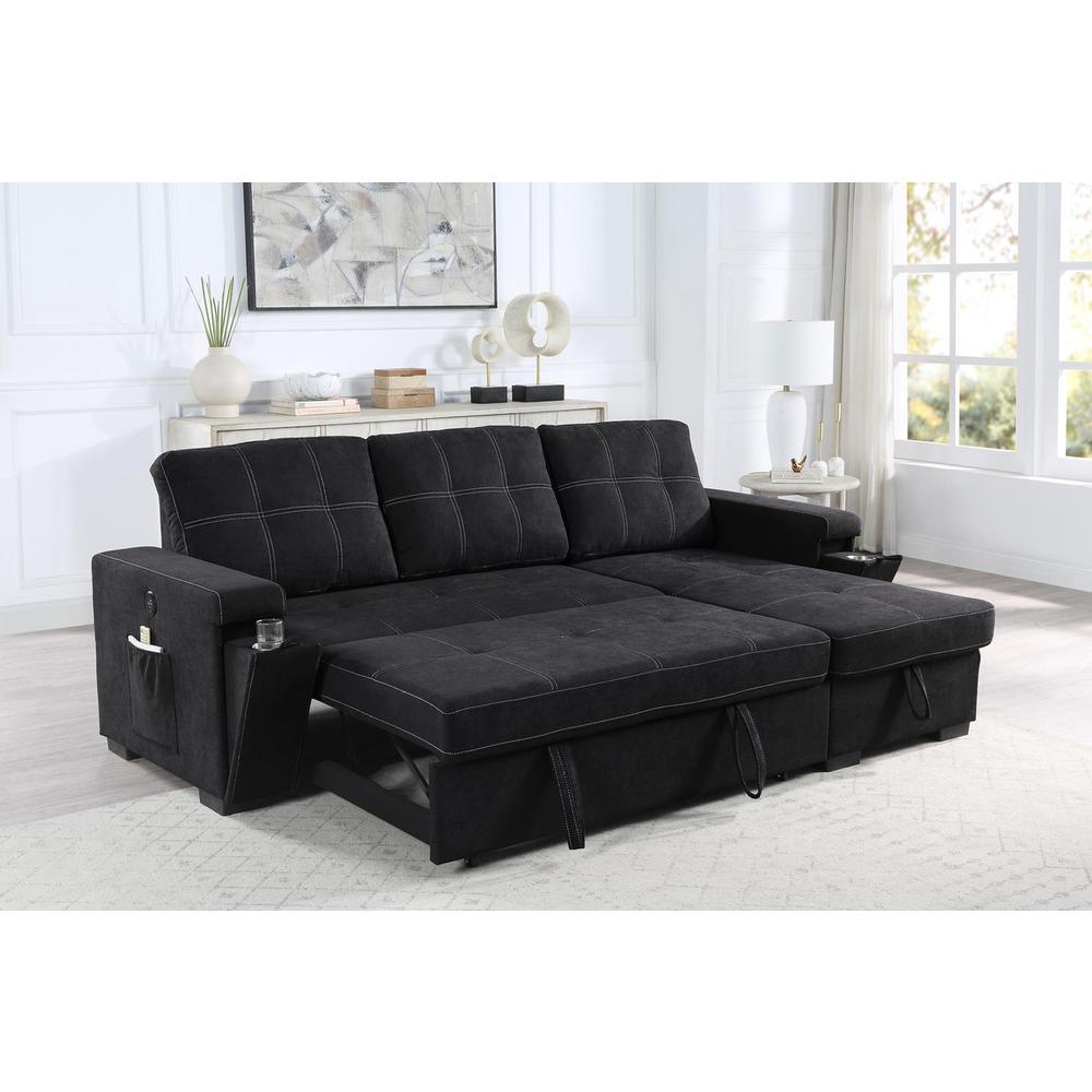 Woven Fabric Reversible Sleeper Sectional Sofa with Storage Chaise Cup Holder. Picture 2