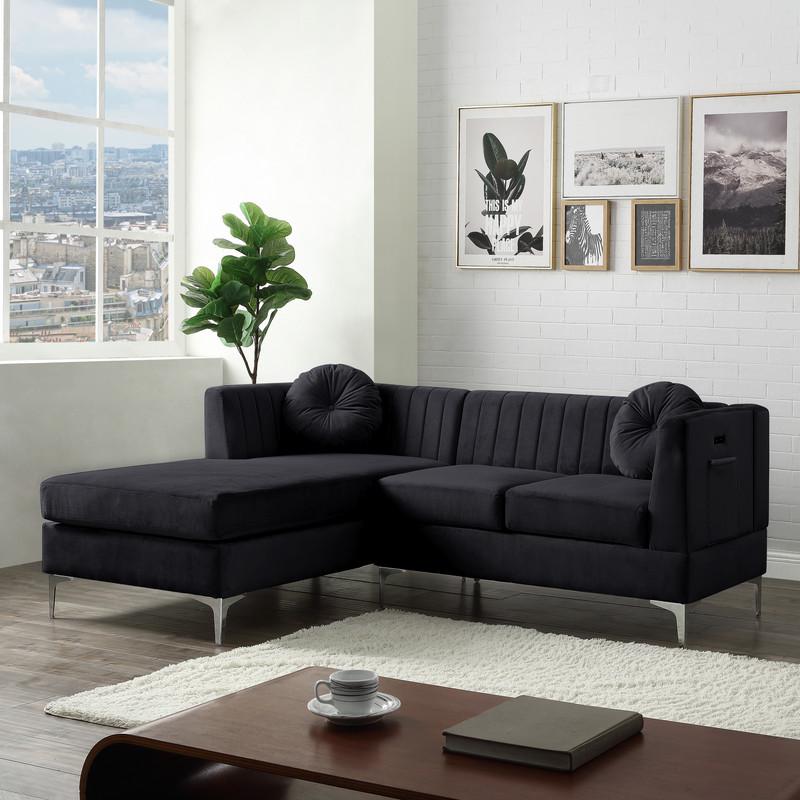 Chloe Black Velvet Sectional Sofa Chaise with USB Charging Port. Picture 5