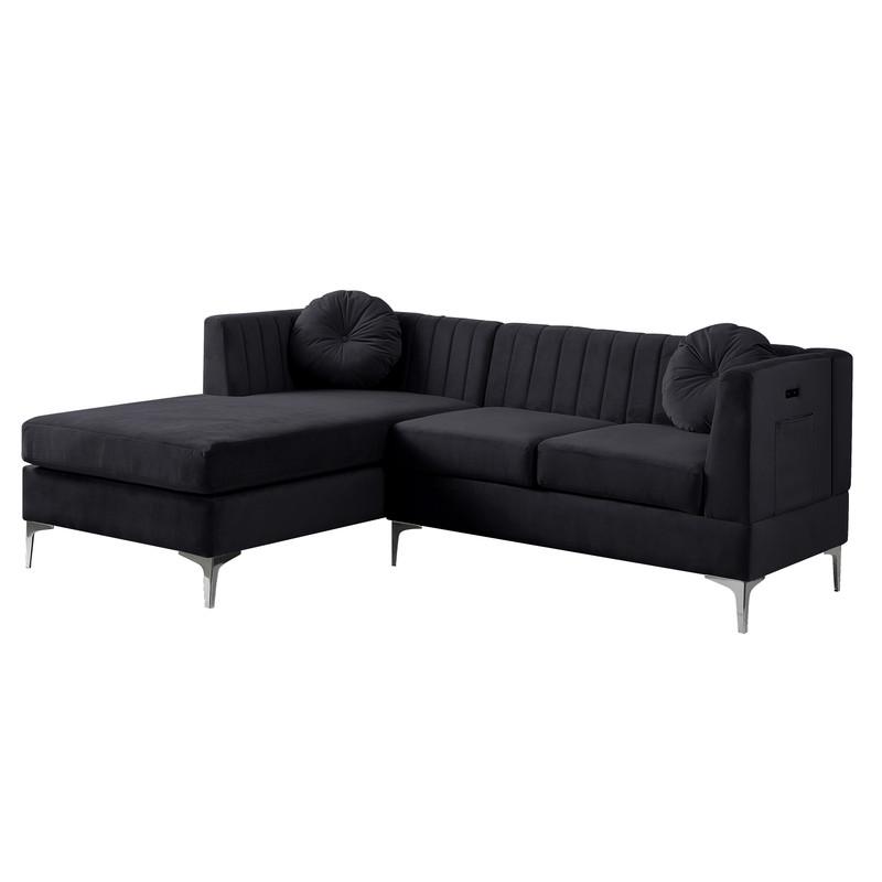 Chloe Black Velvet Sectional Sofa Chaise with USB Charging Port. Picture 1