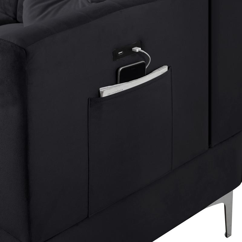 Chloe Black Velvet Sectional Sofa Chaise with USB Charging Port. Picture 2