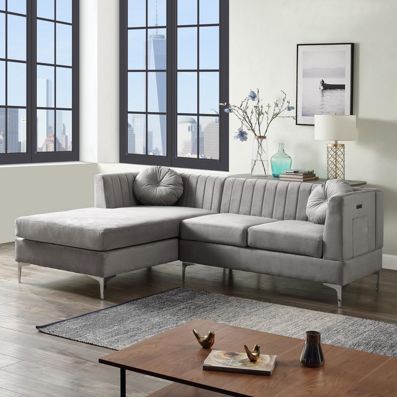 Chloe Gray Velvet Sectional Sofa Chaise with USB Charging Port. Picture 4