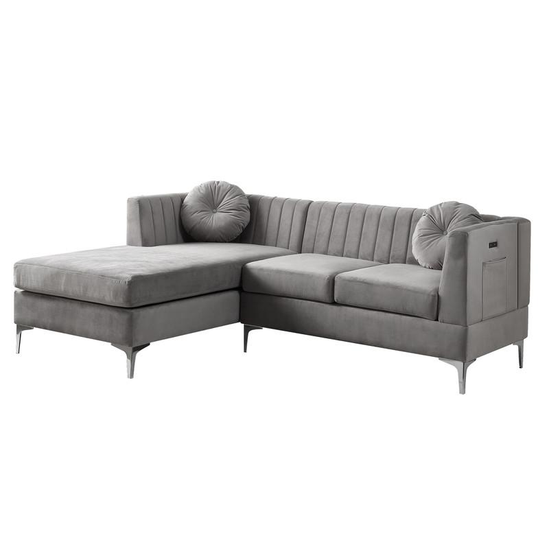 Chloe Gray Velvet Sectional Sofa Chaise with USB Charging Port. Picture 1
