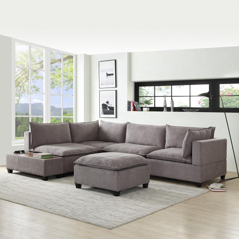 Madison Light Gray Fabric 6 Piece Modular Sectional Sofa with Ottoman and USB Storage Console Table. Picture 2