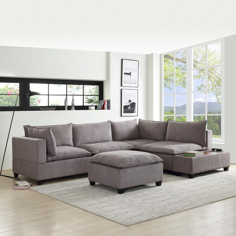 Madison Light Gray Fabric 6 Piece Modular Sectional Sofa with Ottoman and USB Storage Console Table. Picture 1