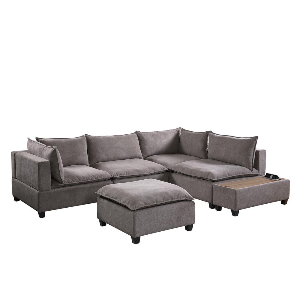 Madison Light Gray Fabric 6 Piece Modular Sectional Sofa with Ottoman and USB Storage Console Table. Picture 4