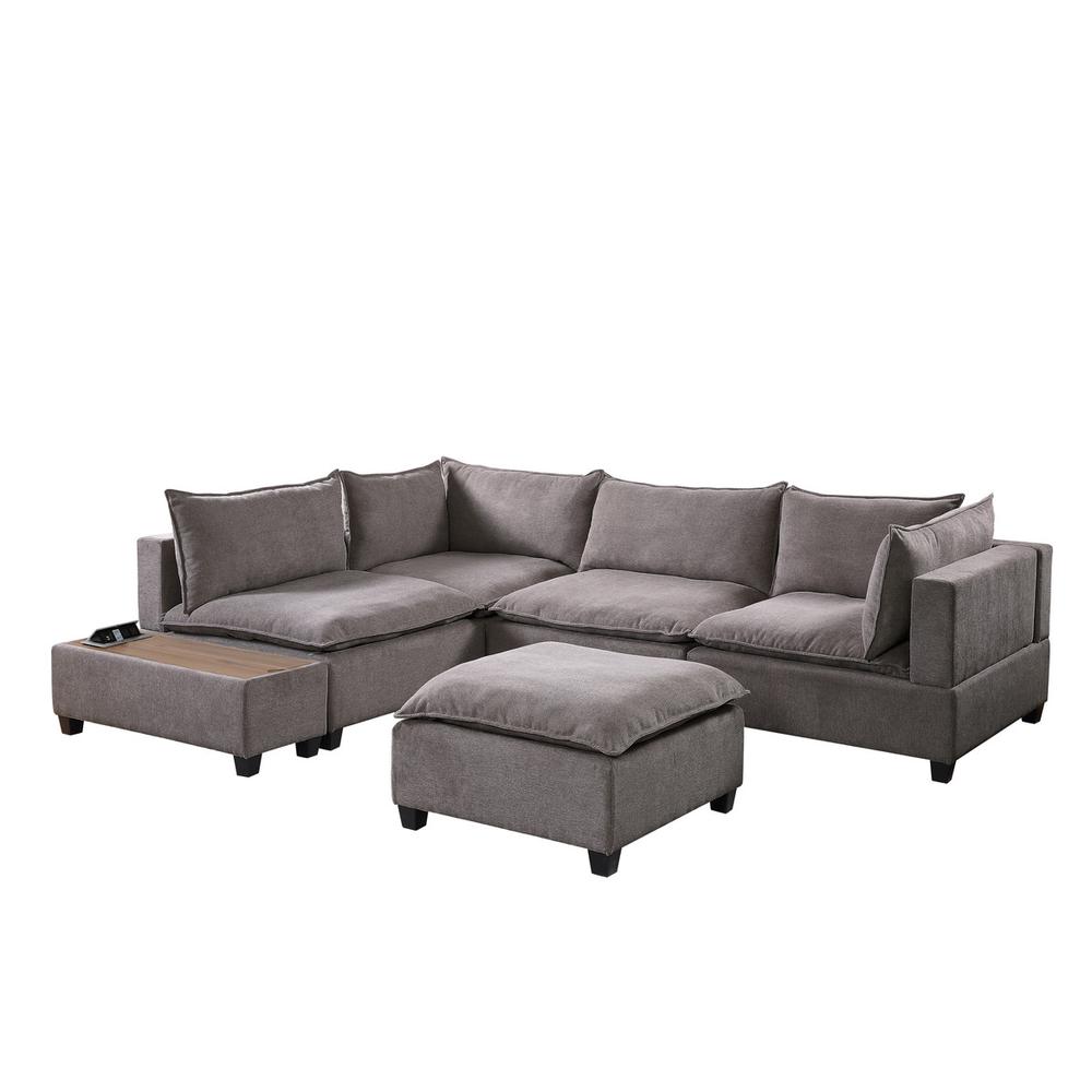 Madison Light Gray Fabric 6 Piece Modular Sectional Sofa with Ottoman and USB Storage Console Table. Picture 5