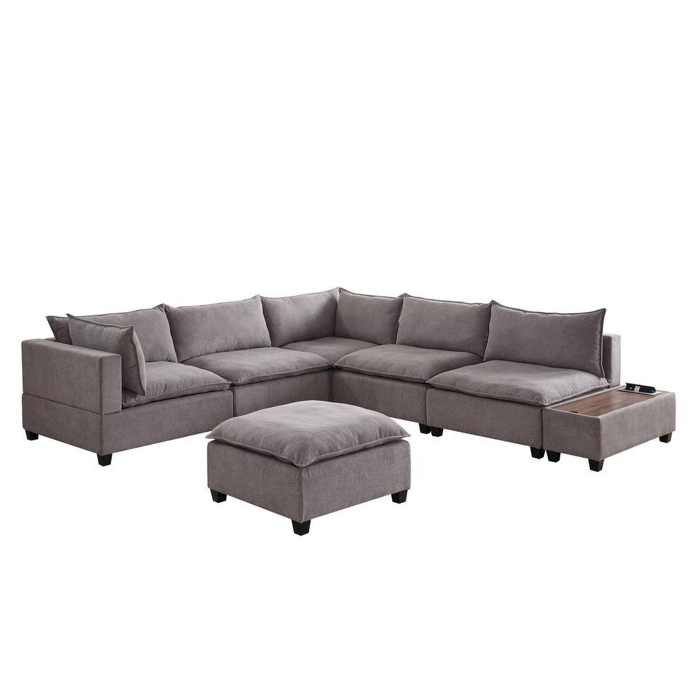 Madison Light Gray Fabric 7Pc Modular Sectional Sofa with Ottoman and USB Storage Console Table. Picture 4