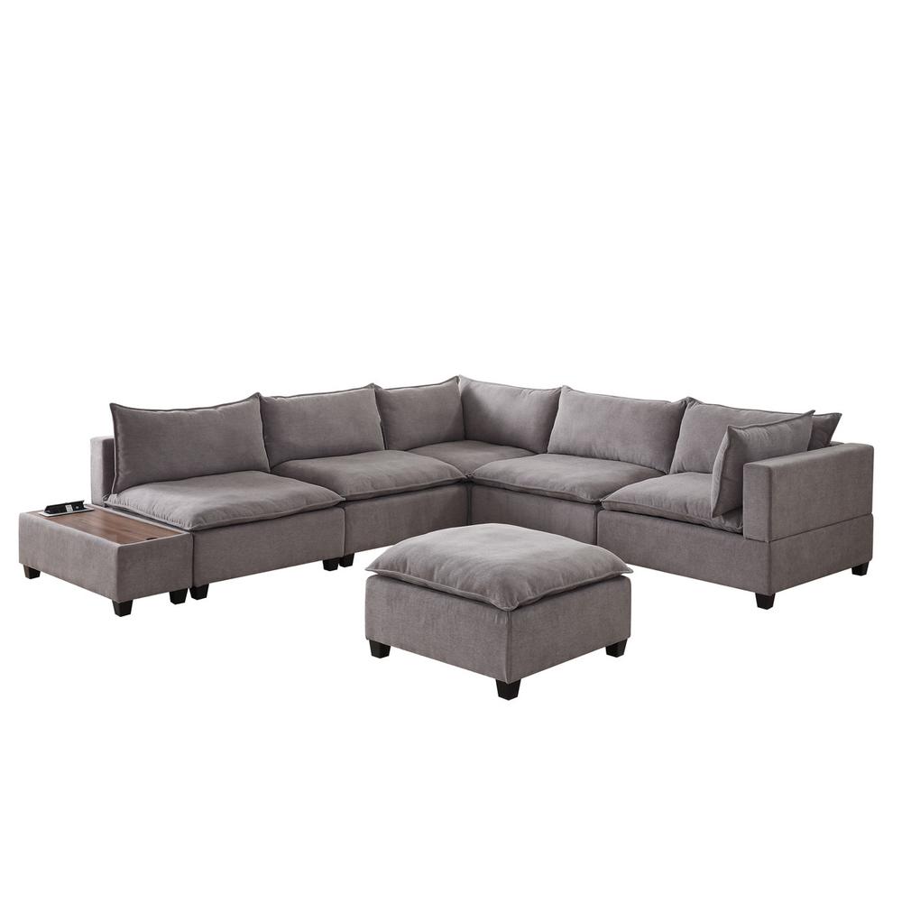 Madison Light Gray Fabric 7Pc Modular Sectional Sofa with Ottoman and USB Storage Console Table. Picture 5