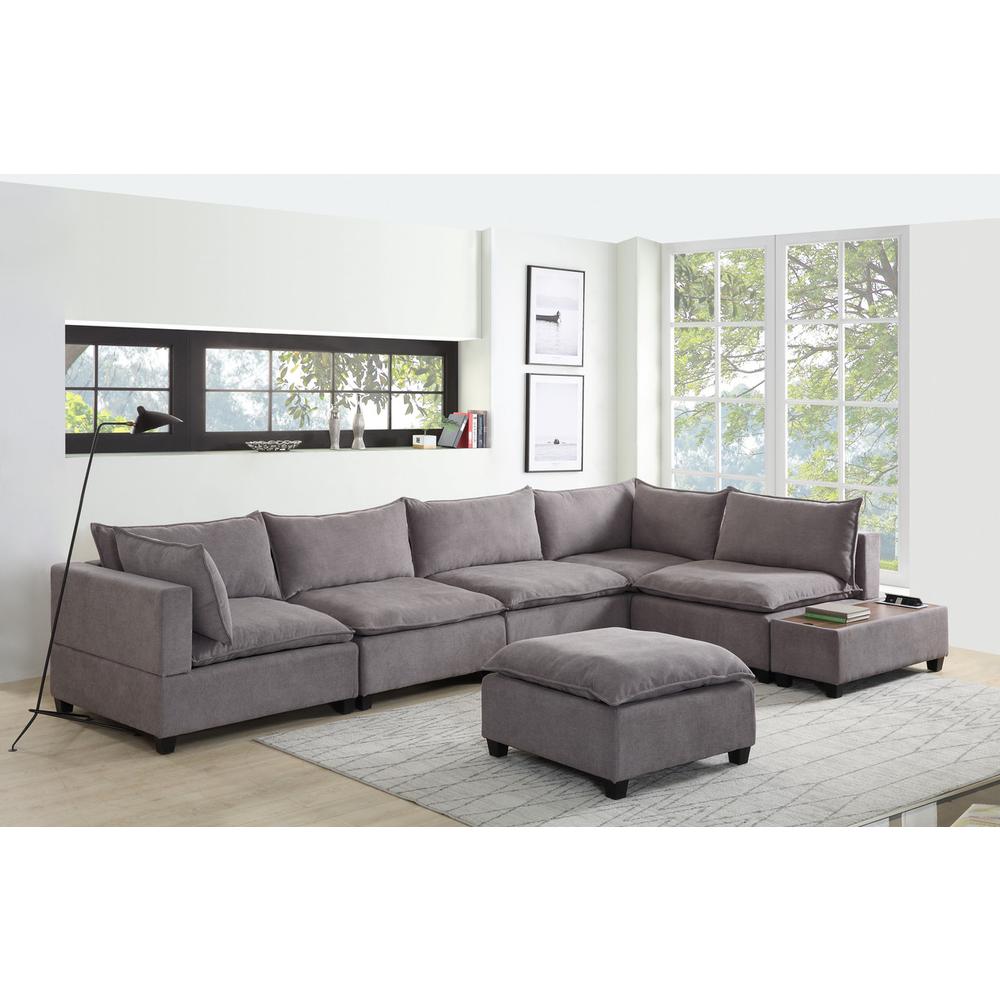 Madison Light Gray Fabric 7 Piece Modular Sectional Sofa with Ottoman and USB Storage Console Table. Picture 1