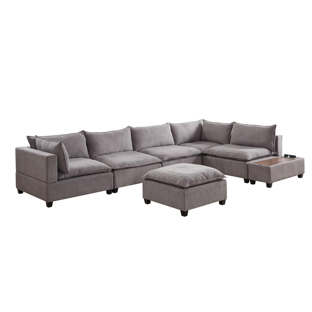 Madison Light Gray Fabric 7 Piece Modular Sectional Sofa with Ottoman and USB Storage Console Table. Picture 4