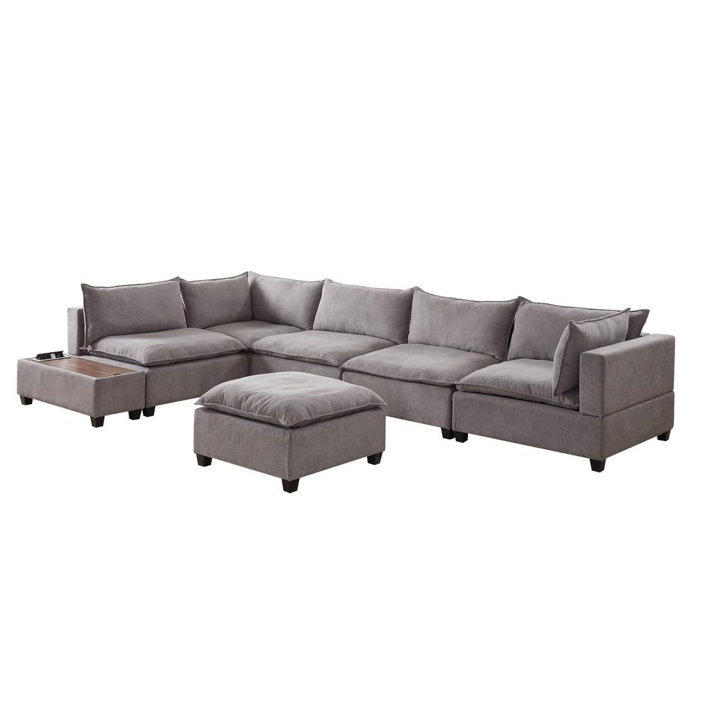 Madison Light Gray Fabric 7 Piece Modular Sectional Sofa with Ottoman and USB Storage Console Table. Picture 5
