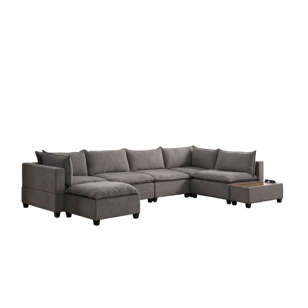 Madison Light Gray Fabric 7Pc Modular Sectional Sofa Chaise with USB Storage Console Table. Picture 5