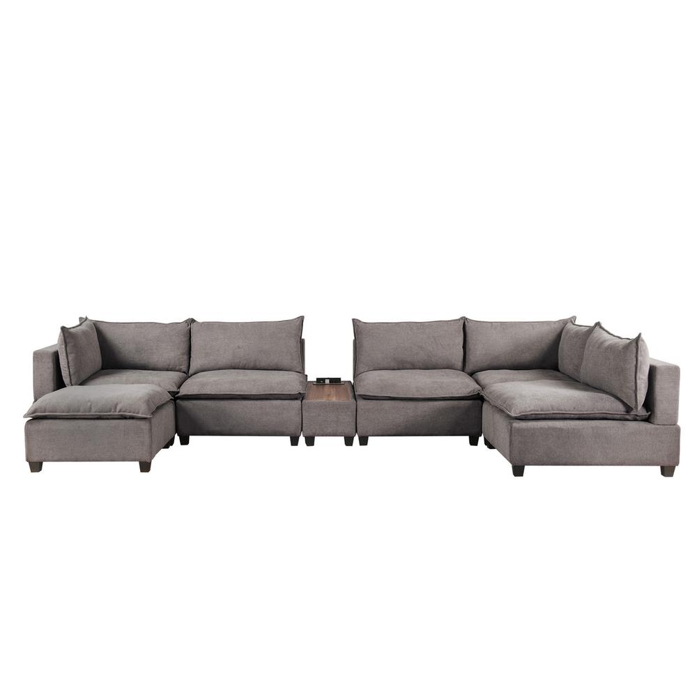 Madison Light Gray Fabric 7-Piece Modular Sectional Sofa Chaise with USB Storage Console Table. Picture 5