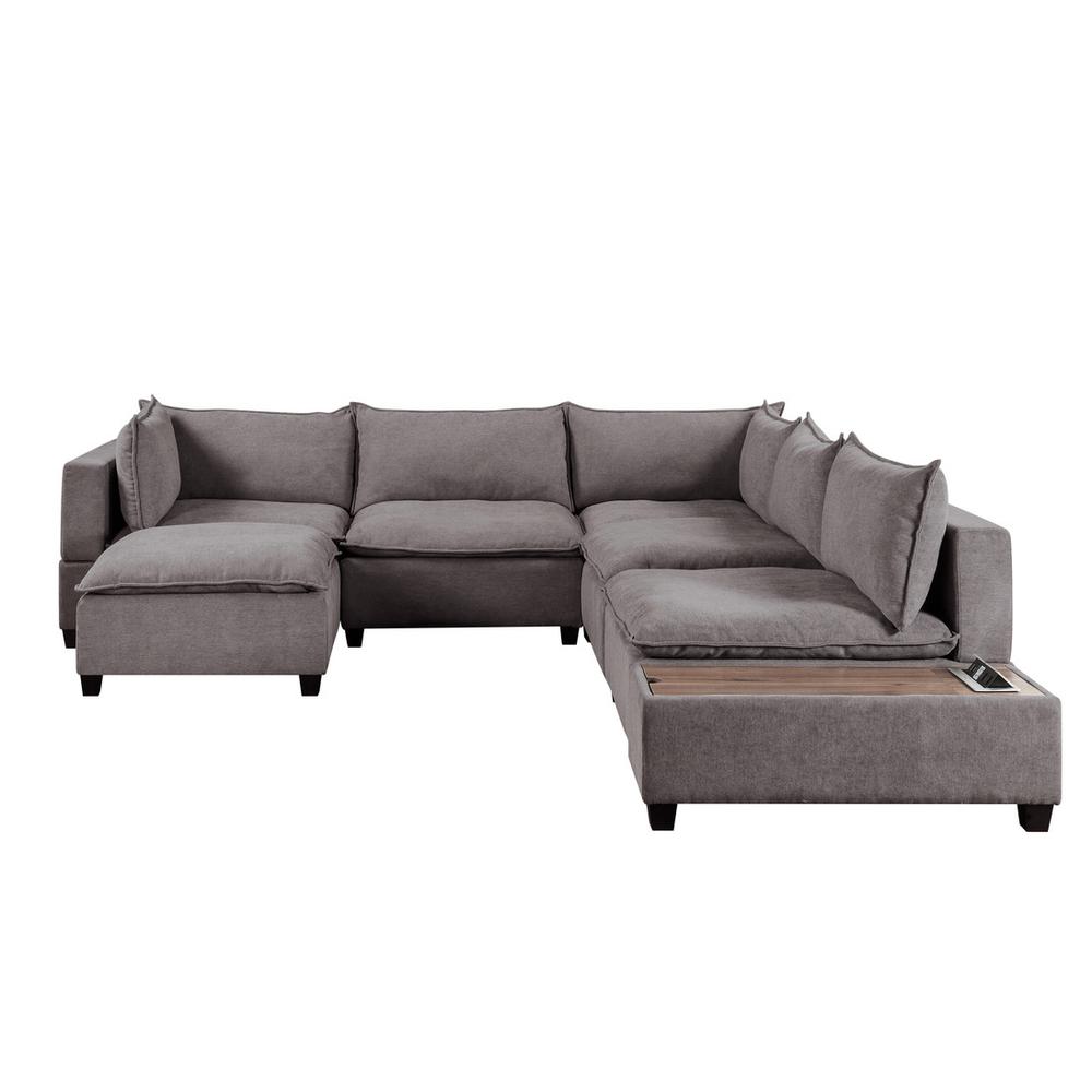 Madison Light Gray Fabric 7 Piece Modular Sectional Sofa Chaise with USB Storage Console Table. Picture 4