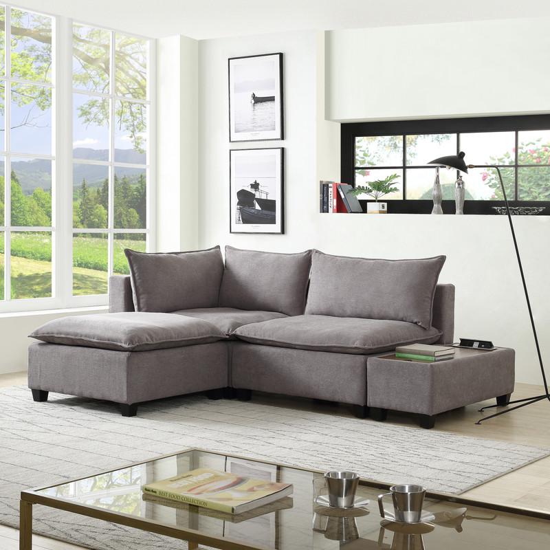 Madison Light Gray Fabric Sectional Loveseat Ottoman with USB Storage Console Table. Picture 2