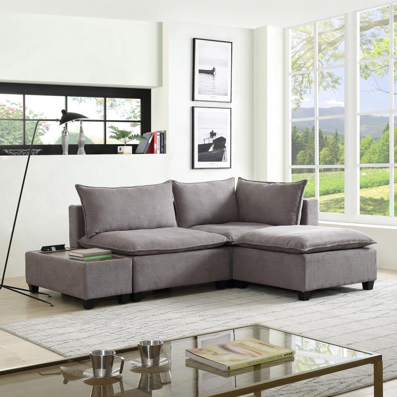 Madison Light Gray Fabric Sectional Loveseat Ottoman with USB Storage Console Table. Picture 1