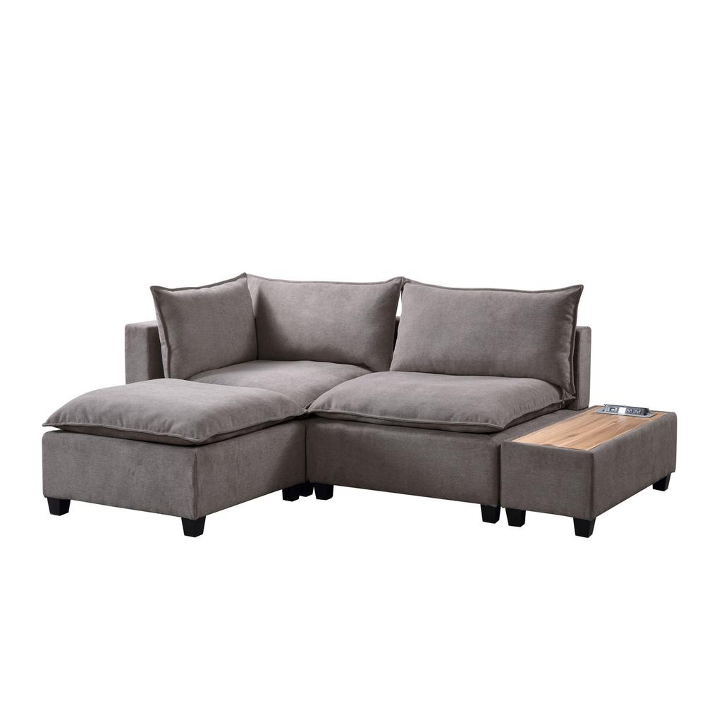 Madison Light Gray Fabric Sectional Loveseat Ottoman with USB Storage Console Table. Picture 5