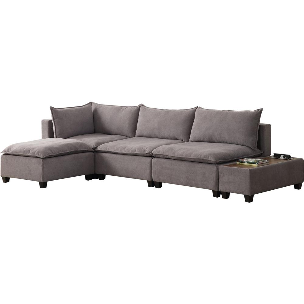 Madison Light Gray Fabric 5 Piece Modular Sectional Sofa Ottoman with USB Storage Console Table. Picture 4