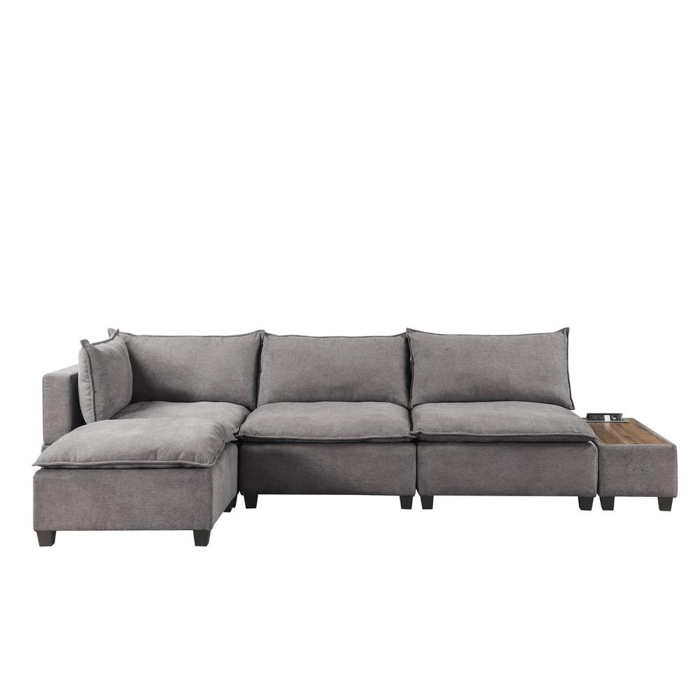 Madison Light Gray Fabric 5 Piece Modular Sectional Sofa Ottoman with USB Storage Console Table. Picture 5