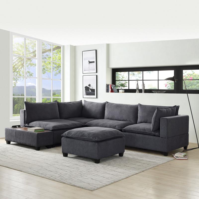 Madison Dark Gray Fabric 6 Piece Modular Sectional Sofa with Ottoman and USB Storage Console Table. Picture 2