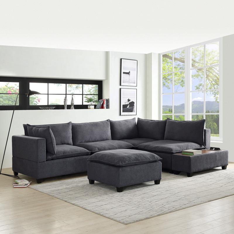 Madison Dark Gray Fabric 6 Piece Modular Sectional Sofa with Ottoman and USB Storage Console Table. Picture 1