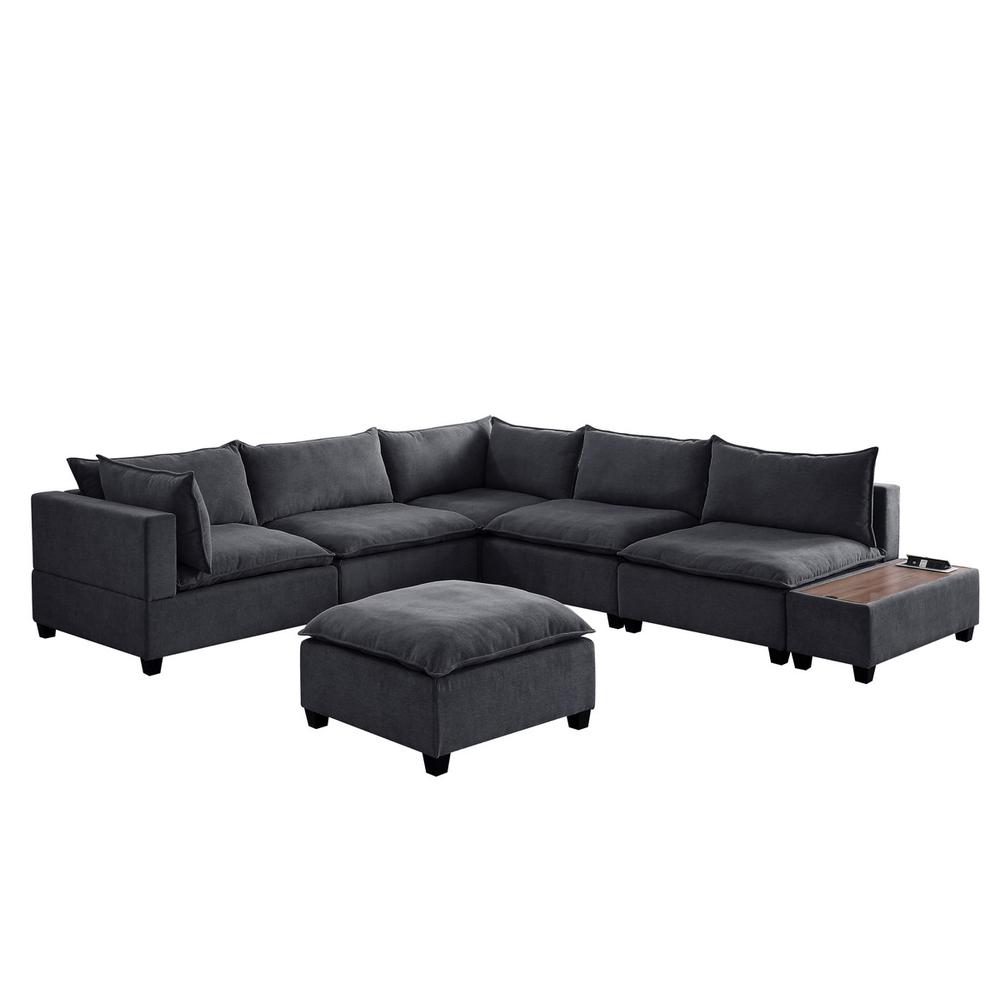 Madison Dark Gray Fabric 7Pc Modular Sectional Sofa with Ottoman and USB Storage Console Table. Picture 4