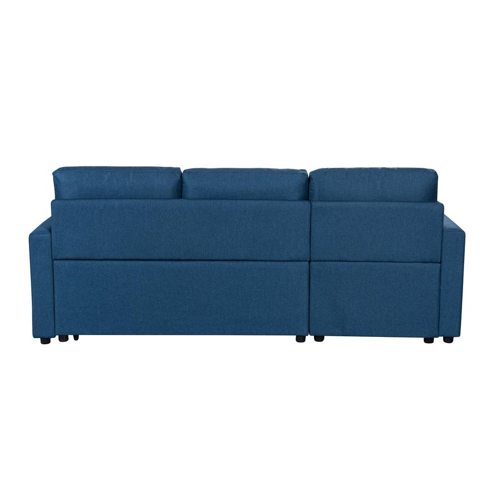 Paisley Blue Linen Fabric Reversible Sleeper Sectional Sofa with Storage Chaise. Picture 7