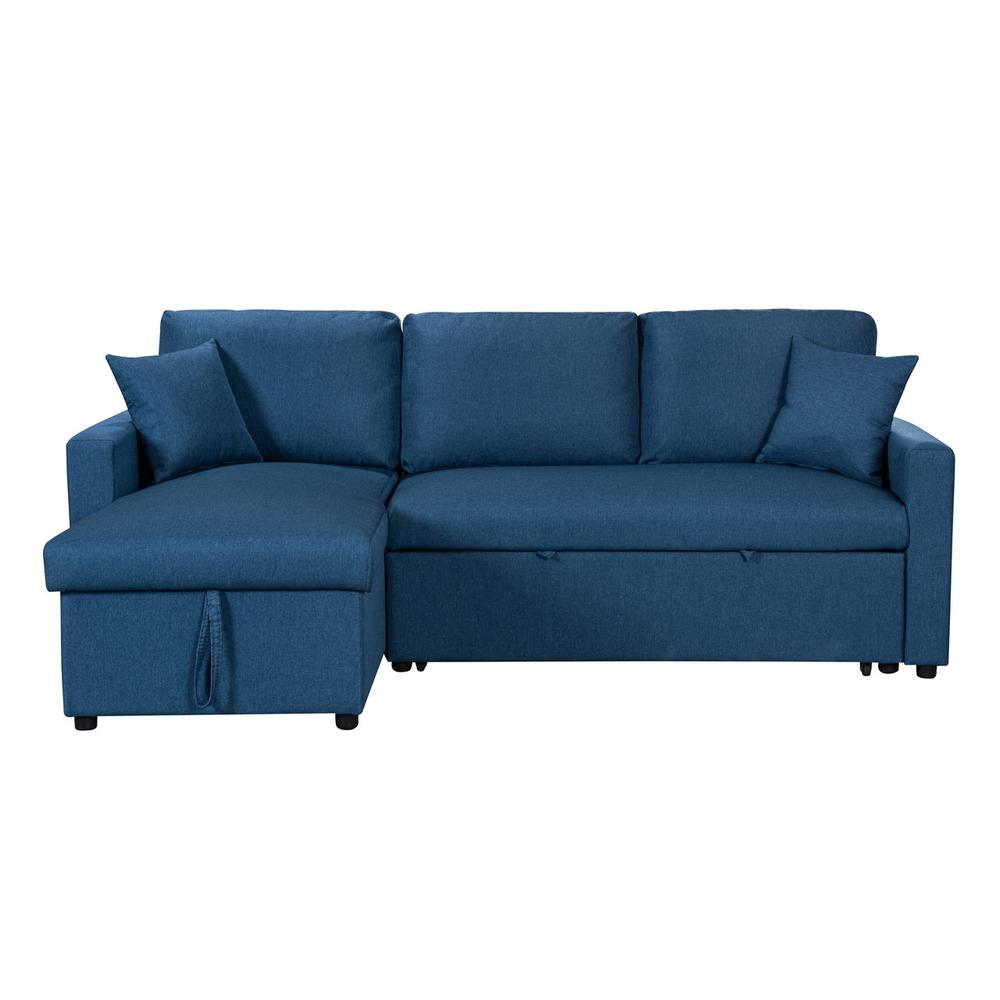 Paisley Blue Linen Fabric Reversible Sleeper Sectional Sofa with Storage Chaise. Picture 5