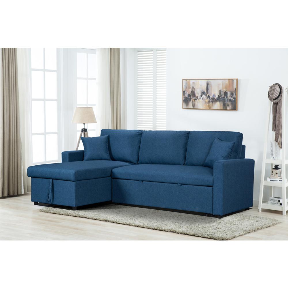 Paisley Blue Linen Fabric Reversible Sleeper Sectional Sofa with Storage Chaise. Picture 1