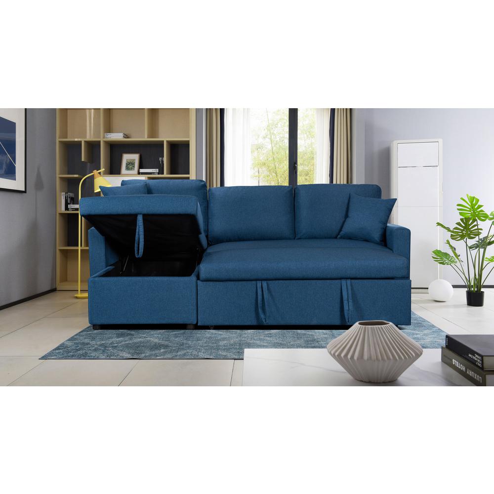 Paisley Blue Linen Fabric Reversible Sleeper Sectional Sofa with Storage Chaise. Picture 4