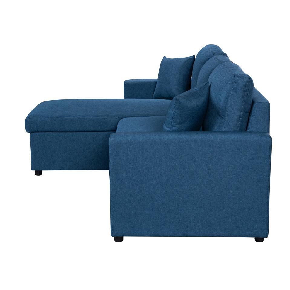 Paisley Blue Linen Fabric Reversible Sleeper Sectional Sofa with Storage Chaise. Picture 8