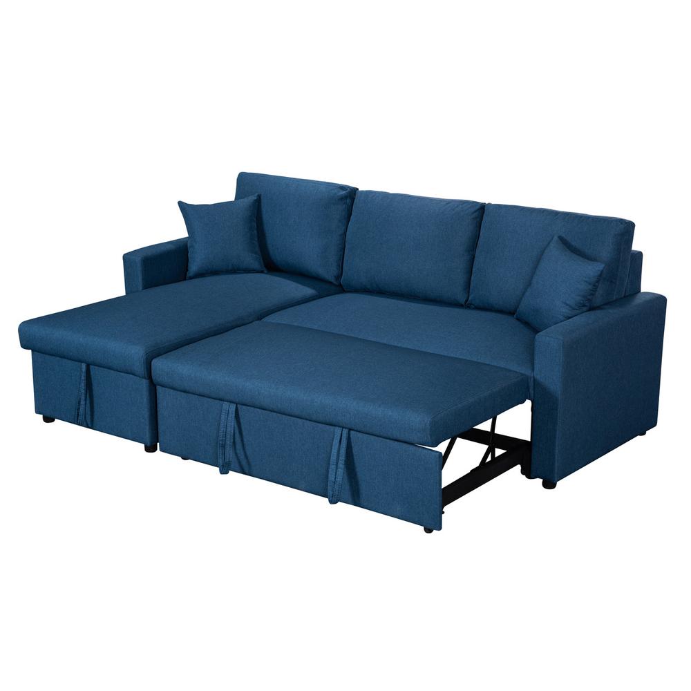 Paisley Blue Linen Fabric Reversible Sleeper Sectional Sofa with Storage Chaise. Picture 6
