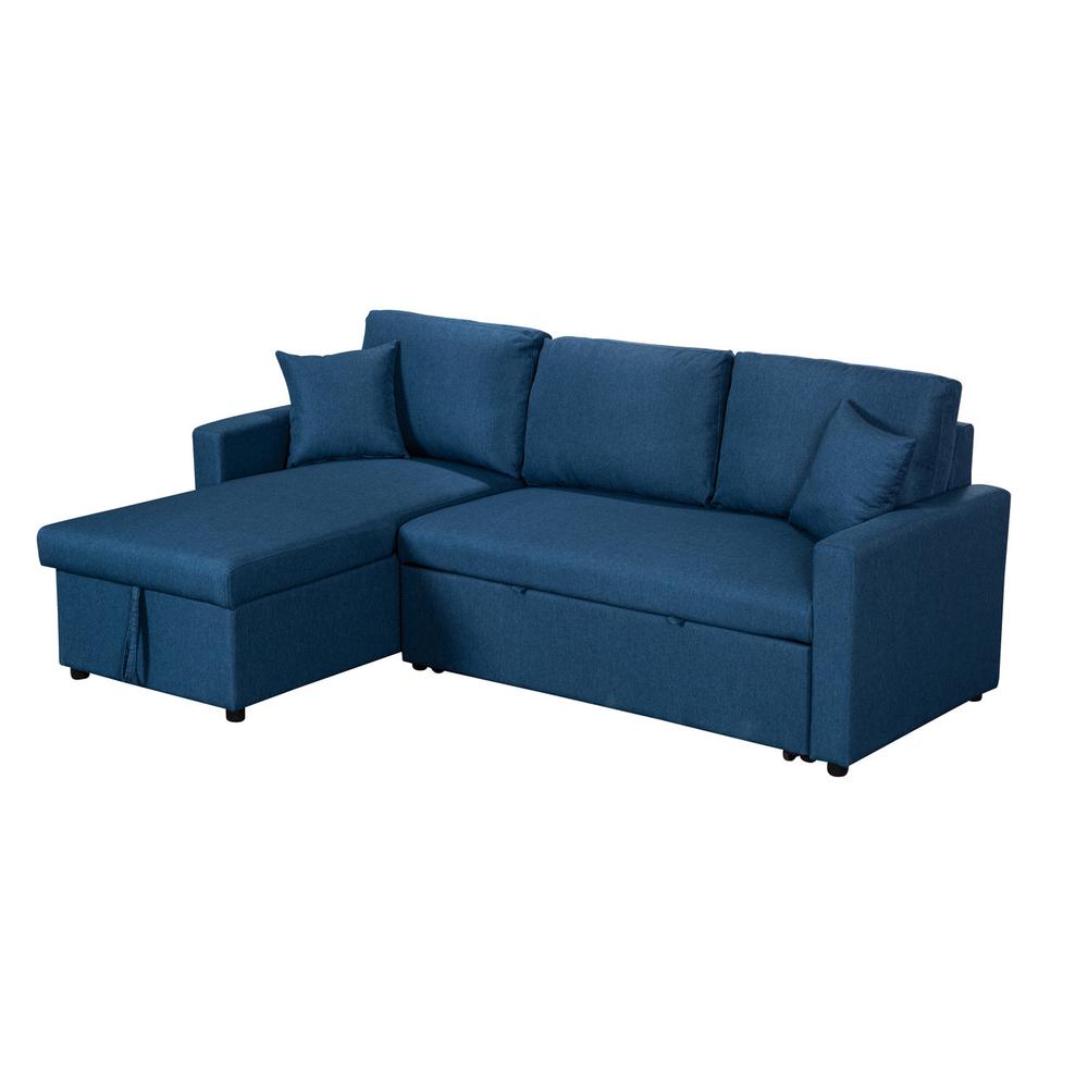 Paisley Blue Linen Fabric Reversible Sleeper Sectional Sofa with Storage Chaise. Picture 2