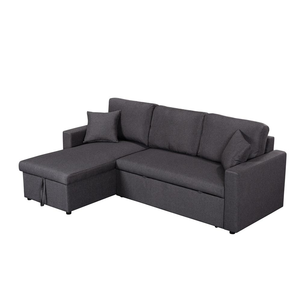 Paisley Dark Gray Linen Fabric Reversible Sleeper Sectional Sofa with Storage Chaise. Picture 5