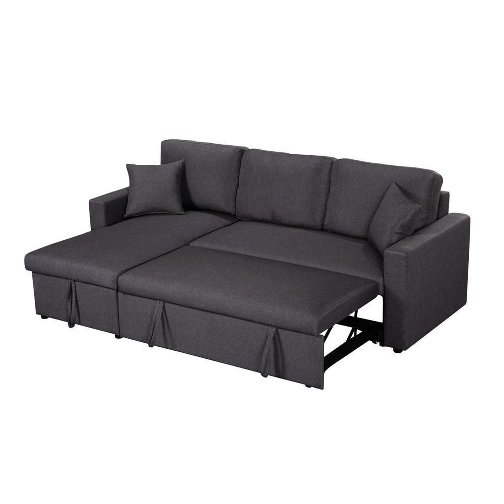 Paisley Dark Gray Linen Fabric Reversible Sleeper Sectional Sofa with Storage Chaise. Picture 7