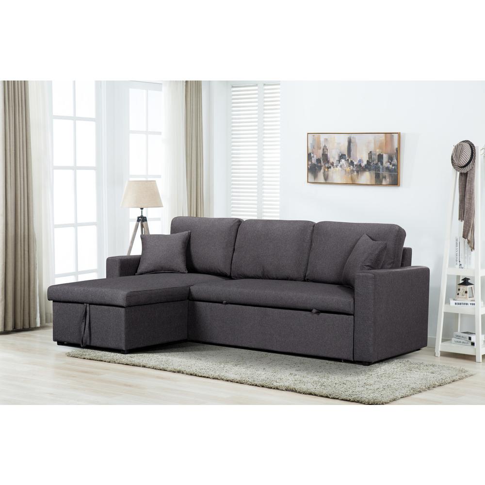 Paisley Dark Gray Linen Fabric Reversible Sleeper Sectional Sofa with Storage Chaise. Picture 4