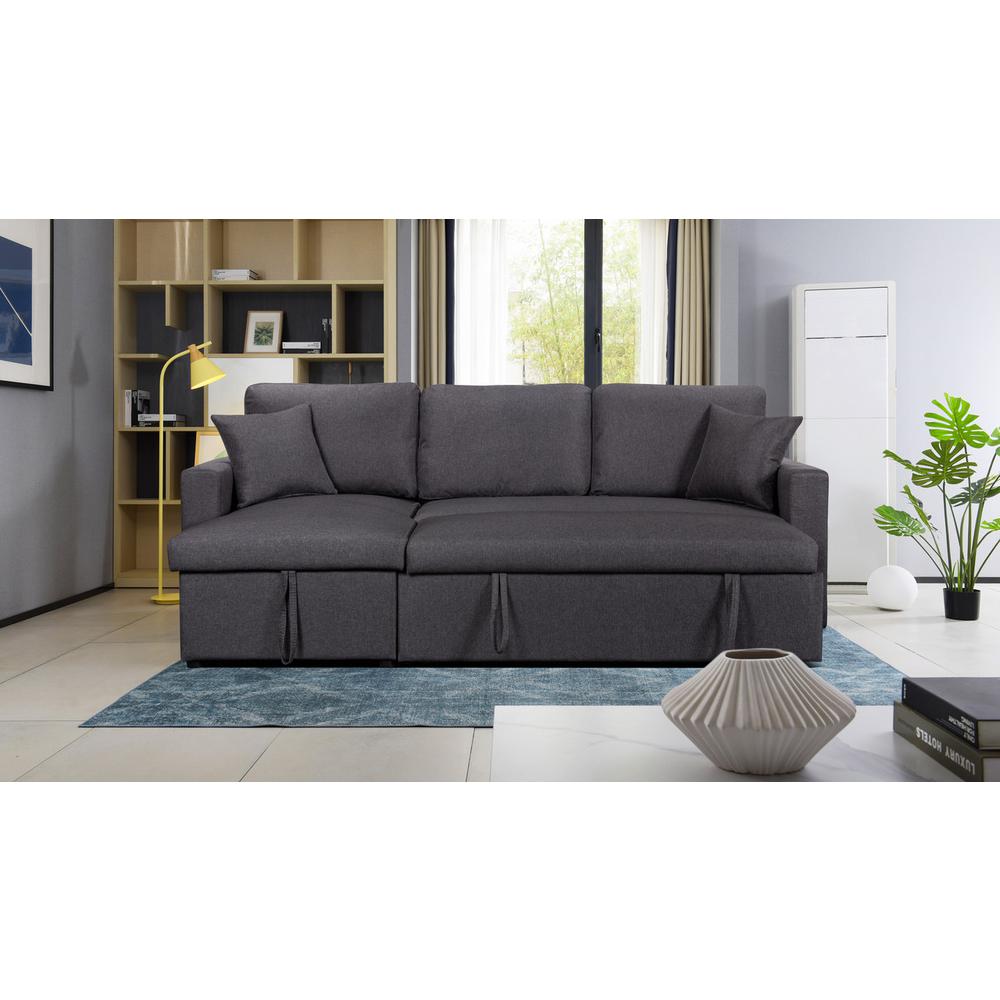 Paisley Dark Gray Linen Fabric Reversible Sleeper Sectional Sofa with Storage Chaise. Picture 2