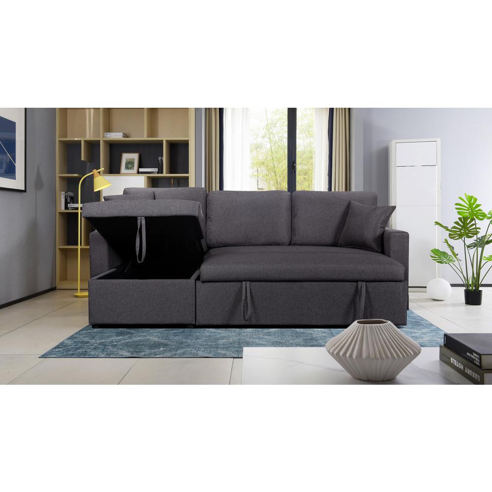 Paisley Dark Gray Linen Fabric Reversible Sleeper Sectional Sofa with Storage Chaise. Picture 3