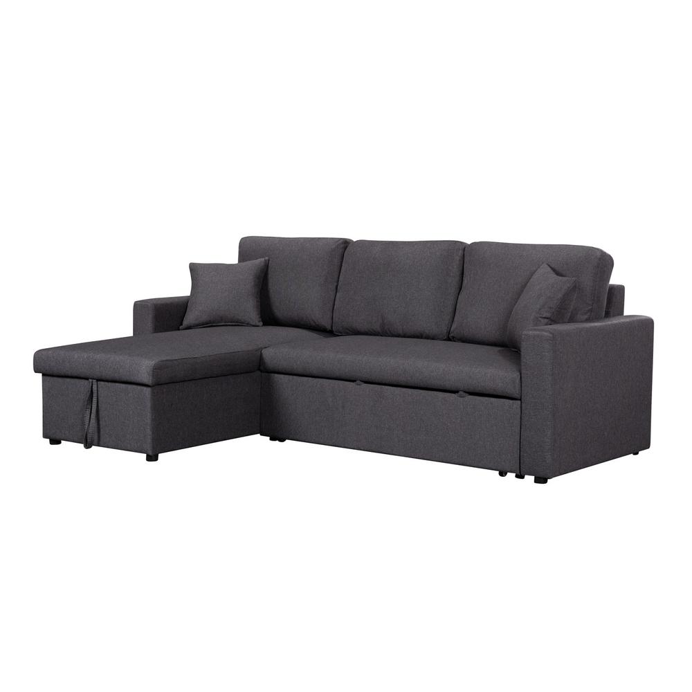 Paisley Dark Gray Linen Fabric Reversible Sleeper Sectional Sofa with Storage Chaise. Picture 1