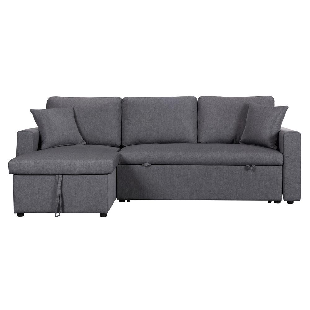 Paisley Light Gray Linen Fabric Reversible Sleeper Sectional Sofa with Storage Chaise. Picture 5
