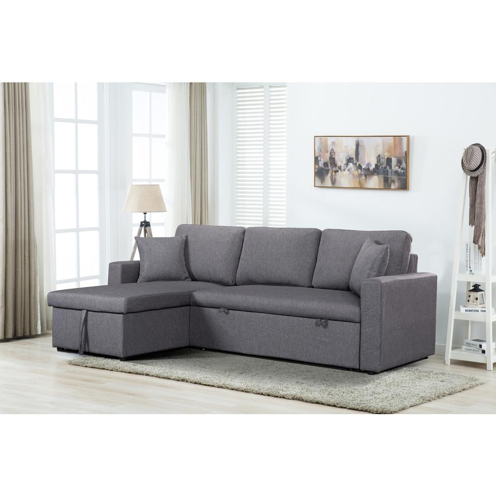 Paisley Light Gray Linen Fabric Reversible Sleeper Sectional Sofa with Storage Chaise. Picture 2