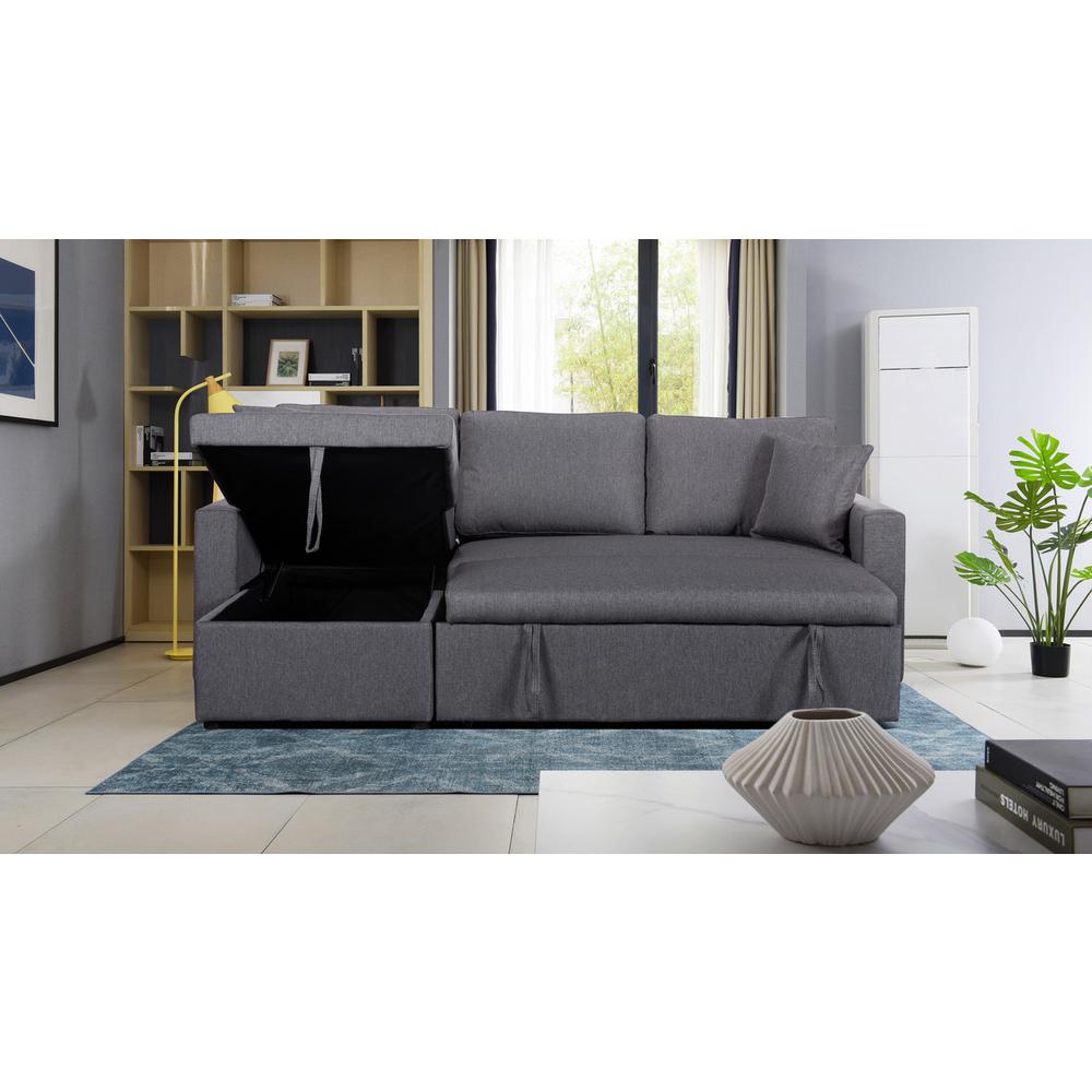 Paisley Light Gray Linen Fabric Reversible Sleeper Sectional Sofa with Storage Chaise. Picture 4