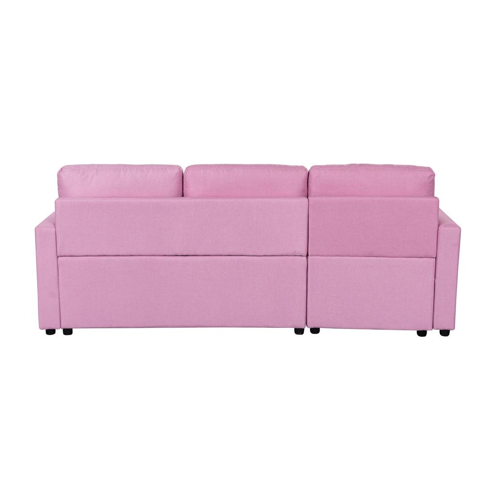 Paisley Pink Linen Fabric Reversible Sleeper Sectional Sofa with Storage Chaise. Picture 7