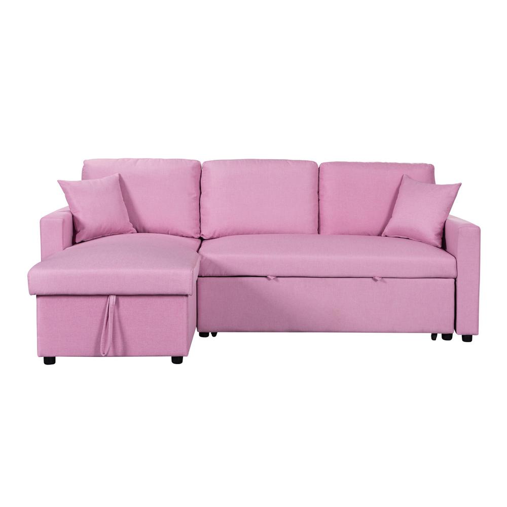 Paisley Pink Linen Fabric Reversible Sleeper Sectional Sofa with Storage Chaise. Picture 5