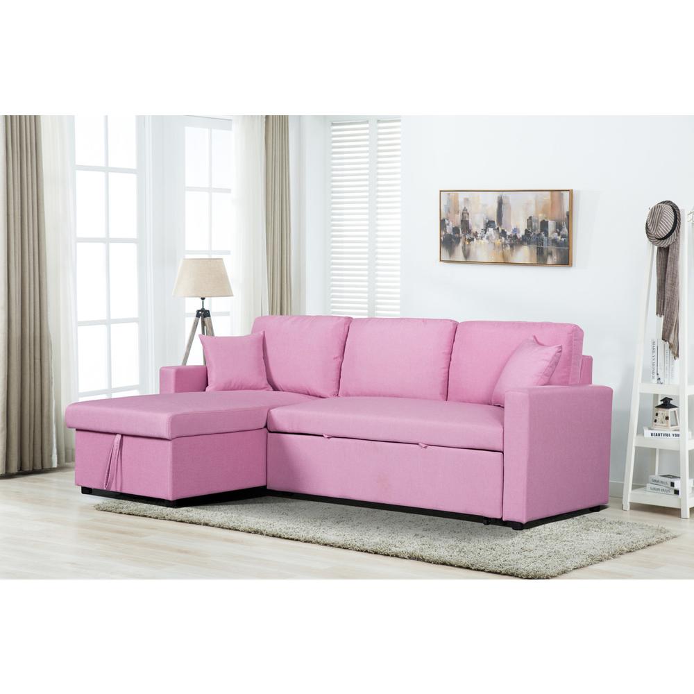 Paisley Pink Linen Fabric Reversible Sleeper Sectional Sofa with Storage Chaise. Picture 4
