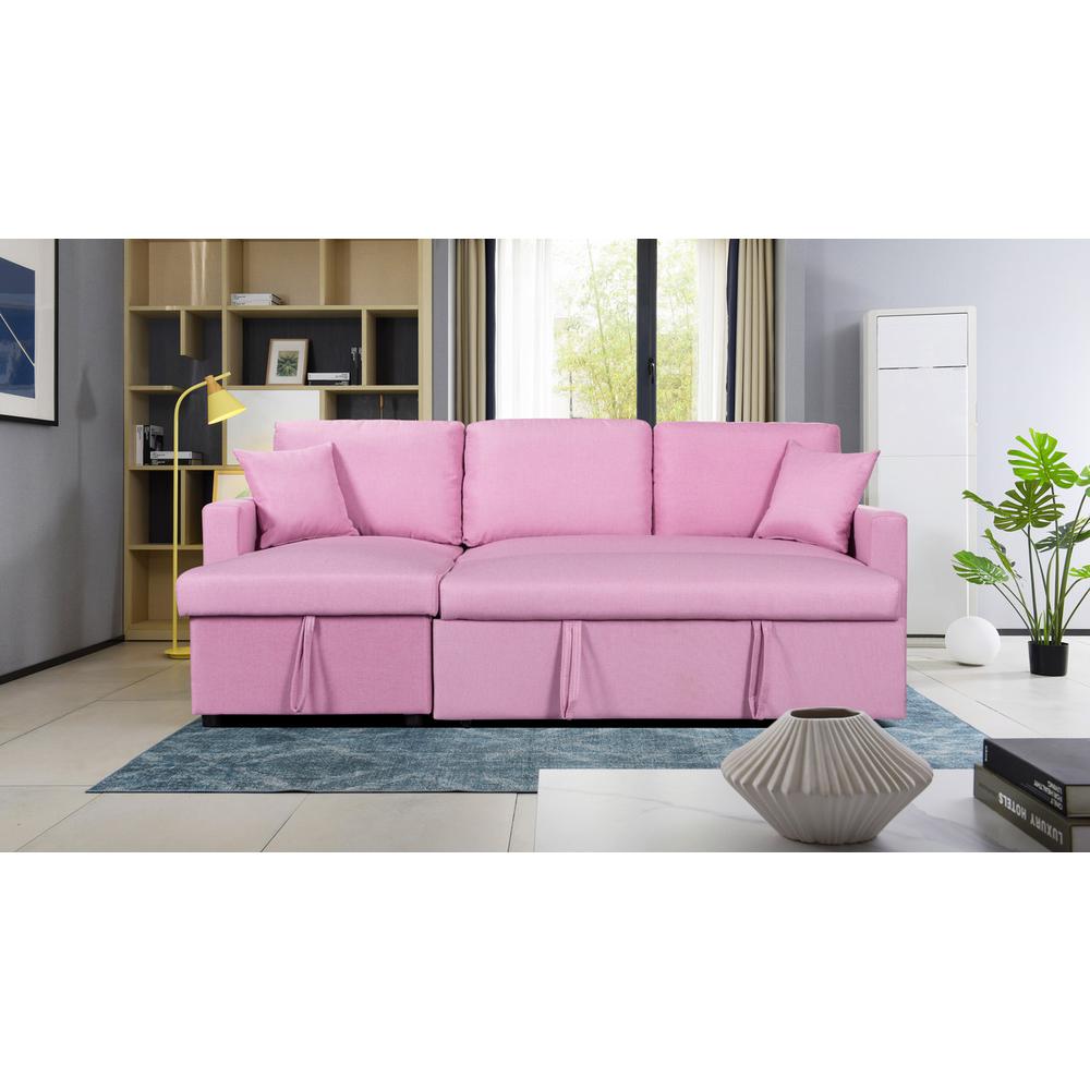 Paisley Pink Linen Fabric Reversible Sleeper Sectional Sofa with Storage Chaise. Picture 2