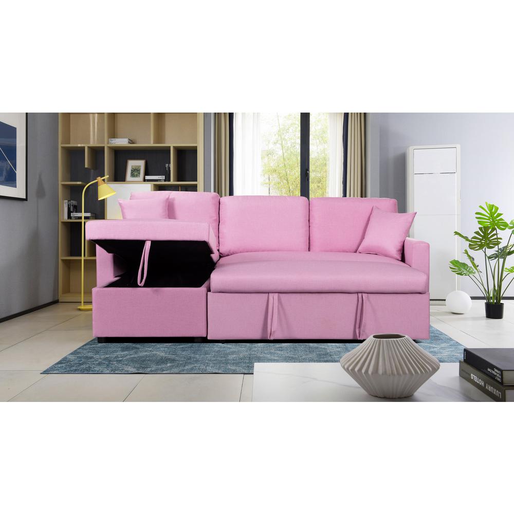 Paisley Pink Linen Fabric Reversible Sleeper Sectional Sofa with Storage Chaise. Picture 3
