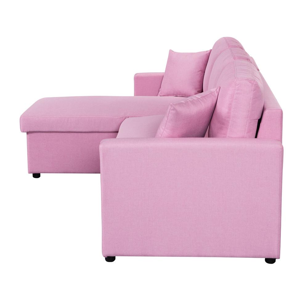 Paisley Pink Linen Fabric Reversible Sleeper Sectional Sofa with Storage Chaise. Picture 8